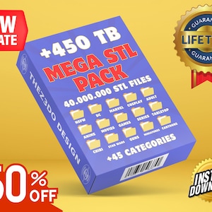 Puede incluir: Una caja azul etiquetada como +450 TB MEGA STL PACK 40.000.000 STL FILES con iconos de carpetas amarillas que representan categorías como Anime, Movies, Games y Star Wars. La caja muestra el texto THEZ3DO DESIGN y +45 CATEGORIES con un código de barras.