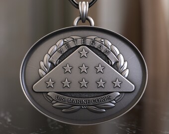 Patriotic US Corps Veteran Memorial 925 Sterling Silver Necklace - Honorable Service Medallion Pendant, Military Tribute Jewelry