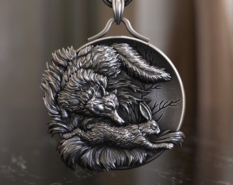 Exquisite Fox and Hare Necklace - 925 Sterling Silver Pendant, Unique Handcrafted Woodland Animal Pendant, Ideal for Nature Jewelry Admirers