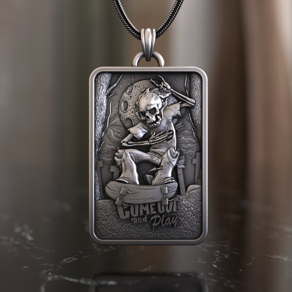 Unique 925 Sterling Silver Skeleton on Skateboard Necklace, Edgy Skater-Inspired Handcrafted Jewelry, Perfect for Urban Style