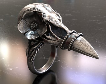 Bird Skull & Blooming Flower 925 Sterling Silver Ring-Unique Blend of Gothic Charm and Nature's Beauty, Ideal for Distinctive Jewelry Lovers