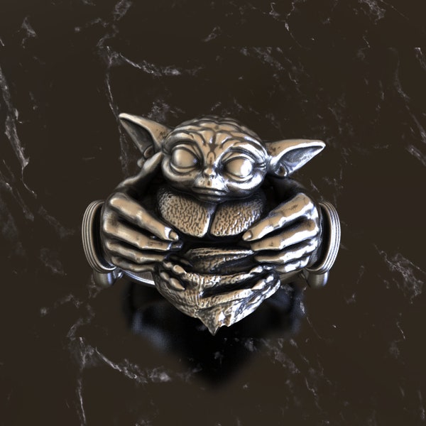 Unique Mandalorian & Baby Yoda Grogu Hand Ring, 925 Sterling Silver Ring, Exquisite Craftsmanship, Perfect for Star Wars Fans