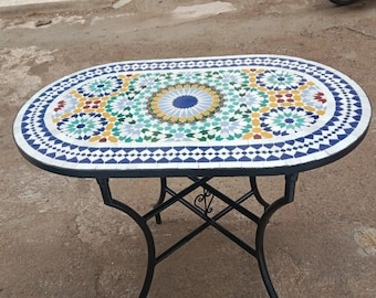 Mesa de mosaico ovalada única, mesa azul de mosaico ovalado marroquí para la vida interior al aire libre, mesa de mosaico ovalada para su patio o jardín, T1