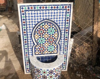 Blue Tile Fountain , Moroccan Mosaic Fountain , Wall mosaic fountain , Garden and Indoor fountain , wall water fountain . G2