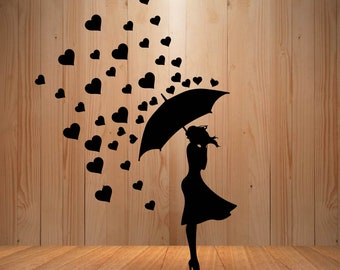 Girl With Umbrella Svg, Love Clipart, Heart rain, Girl Silhouette, Svg Files For Cricut, Dxf, Png, Pdf, Eps For Cutting