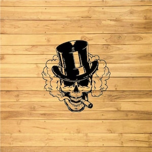 May include: A black and white illustration of a skull wearing a top hat and smoking a cigarette. The skull is surrounded by smoke.