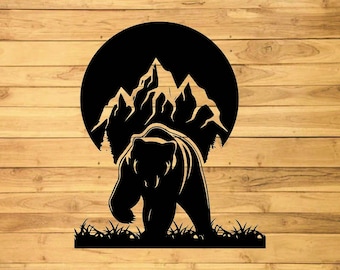 May include: Black silhouette of a bear walking in front of a mountain range with a full moon behind it.
