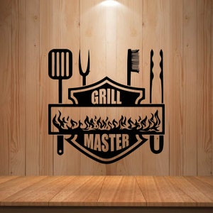 May include: Black and white silhouette of grilling tools, including a spatula, tongs, a fork, and a brush, with flames and the text "Grill Master" in a shield shape.