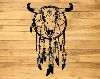 Boho Dream Catcher Cow Skull Svg Png File, Mandala Home Decor, Native American Spiritual Clip Art, Vinyl Cutter, Tattoo Stencil For Cricut