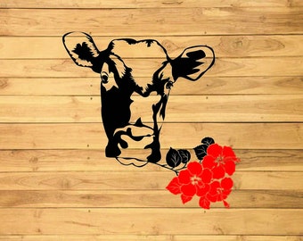 Cow Svg Cut File,cow in a floral wreath, Heifer svg, Silhouettes dxf file, svg cricut file, Clipart, vinyl file, Cow head png, Farm animal