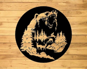 May include: Black and white silhouette of a bear roaring with its mouth open, surrounded by trees and deer in a forest setting. The image is in a circle shape.