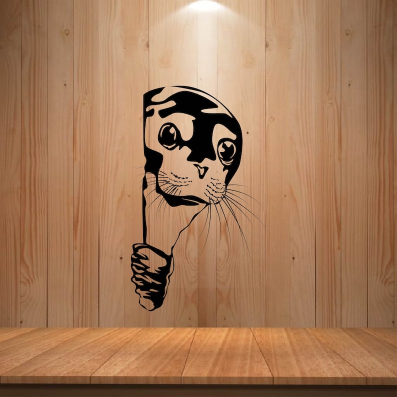 May include: Black and white illustration of a seal's head peeking out from behind a wooden wall. The seal has large, round eyes and a small, pointed nose.