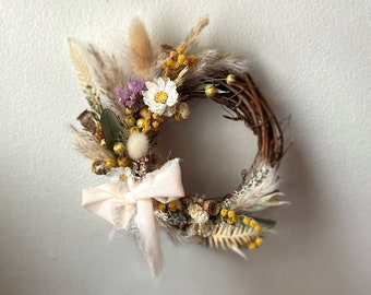 Dried Flower Easter Spring Wreath Arrangement. Olive Leaves, Mimosa, Gypsophila, Pampas, Fern.