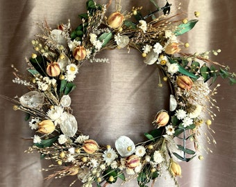 Dried Flower Wreath | Eucalyptus, Olive, Nigella, Ammobium, Honesty, Daisy, Flax, Grasses | Home Decor | All Seasons | Wall Door Hanging