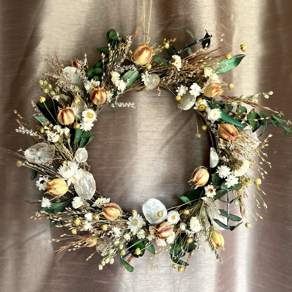 Dried Flower Wreath. Eucalyptus, Olive, Nigella, Ammobium, Honesty, Daisy, Flax, Grasses | Home Decor | Seasons | Wall Door Hanging.