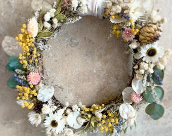 Dried Flower Spring Easter Wreath. Artichoke, Mimosa, Eucalyptus, Daisy, Buttercups, Gypsophila, Honesty.