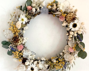 Dried Flower Spring Easter Wreath. Artichoke, Mimosa, Eucalyptus, Daisy, Buttercups, Gypsophila, Honesty.