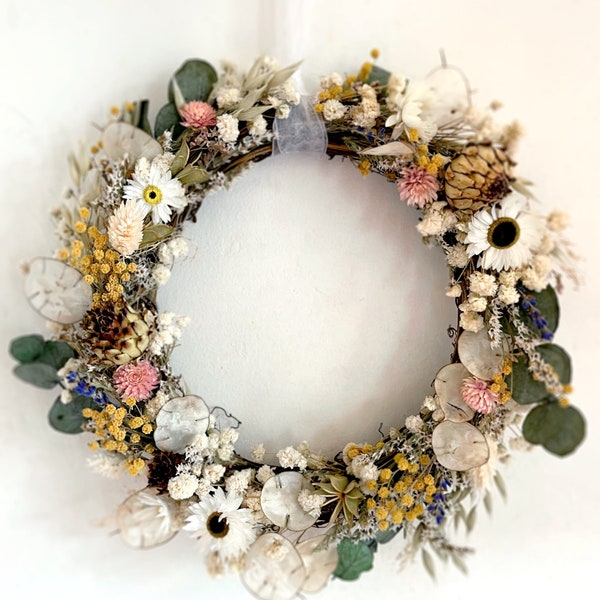 Dried Flower Spring Easter Wreath. Artichoke, Mimosa, Eucalyptus, Daisy, Buttercups, Gypsophila, Honesty.