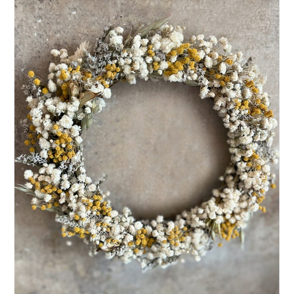 Dried Flower Wreath, Mimosa, Gypsophila, Nigella, Statice and Oat grass. Spring, Easter, Home Decor.