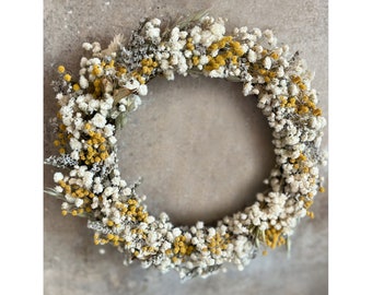 Dried Flower Wreath, Mimosa, Gypsophila, Nigella, Statice and Oat grass. Spring, Easter, Home Decor.