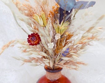 Dried Flower Arrangement, Eucalyptus, Nigella, Red Strawflower Helichrysum, Vase Bouquet.