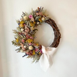 Dried Flower Wreath | Bracken Fern, Achillea, Statice, Grasses, Yellow Rose, Lavender, Hydrangea | Easter Spring | Wall Door Hanging | Decor