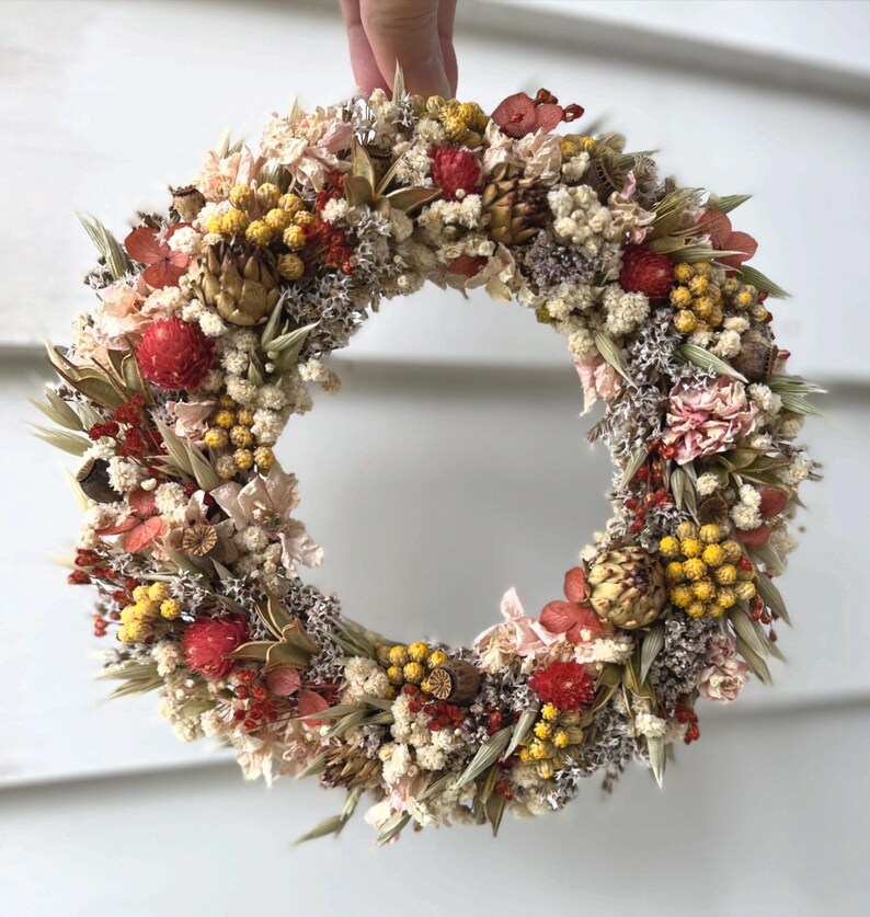 Dried Flower Wreath Yellow Lonas Red Gomphrena Hydrangea Gypsophila