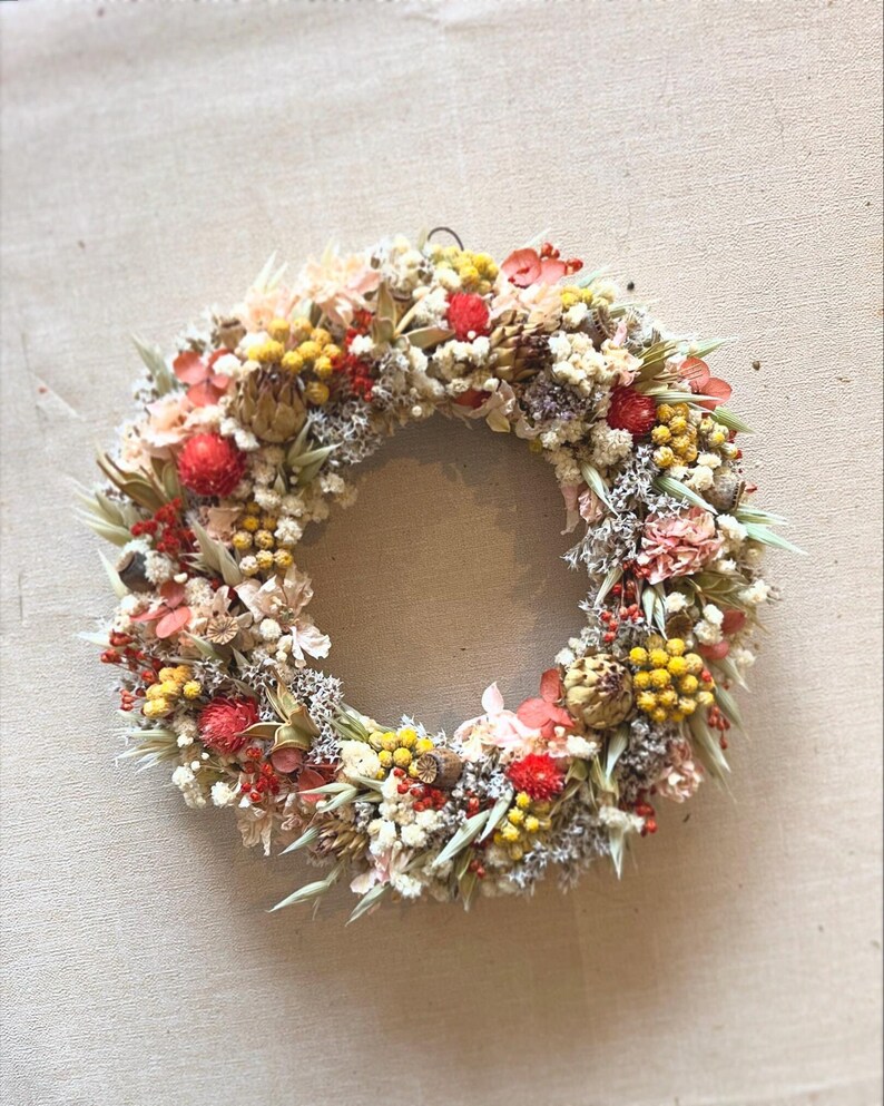 Dried Flower Wreath Yellow Lonas Red Gomphrena Hydrangea Gypsophila