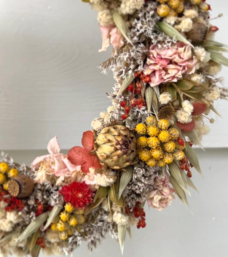 Dried Flower Wreath Yellow Lonas Red Gomphrena Hydrangea Gypsophila