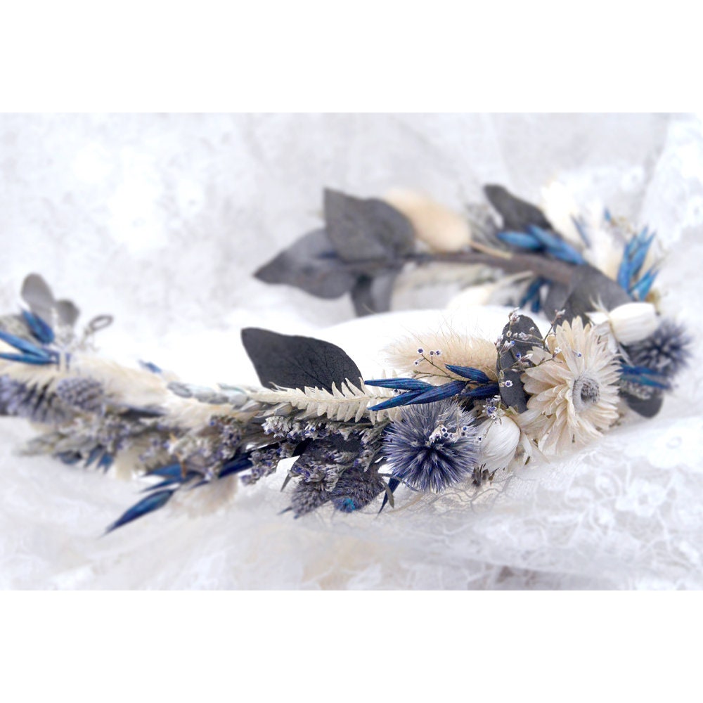 Dried Flower Crown | Blue Globe Thistle, Eucalyptus, Strawflower, White Fern, Bunny Tails, Pampas Grass |  Wedding Boho Festival |