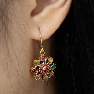 Natural Ruby Multi Gemstone Enamel Flower Dangle Earrings, 18K Gold Plated 925 Sterling Silver, Art Nouveau Statement Earrings, Gift for Her