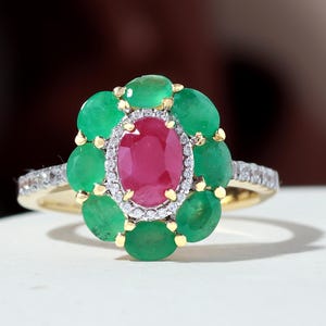 Ruby Ring, Natural Ruby and Emerald Ring in 18k Gold Plated 925 Silver, Burmese Ruby Flower Statement Cocktail Ring, July Birthstone Gift