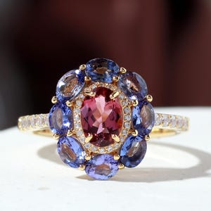Turmalin Ring, Natürlicher Rosa Turmalin Tansanit Ring 18k Vergoldet 925 Silber, Statement Ring, Cocktailring, Geburtsstein Oktober