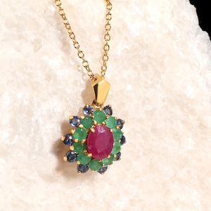 Robijn Ketting, Bloemhanger met Smaragd en Saffier in Verguld 925 Zilver, Natuurlijke Edelstenen, Geboortesteen Juli