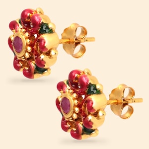 Natural Ruby Green & Red Enamel Flower Stud Earrings, 18K Gold Plated 925 Sterling Silver, Art Nouveau Statement Earrings, Gift for Her