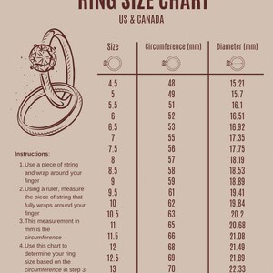 Puede incluir: Tabla de tallas de anillos para EE. UU. y Canad&aacute;, con tallas, circunferencias en mm y di&aacute;metros. Incluye instrucciones para medir el tama&ntilde;o del dedo con hilo y una regla.