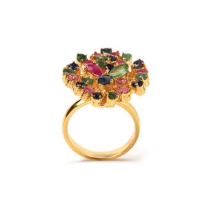 Gold Tone Cluster Ring | Ruby Sapphire Emerald Gemstone Statement Ring