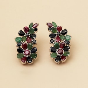 Emerald Ruby Sapphire Floral Stud Earrings | Gold Tone Gemstone Clusters