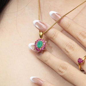 Emerald Ruby Lotus Necklace Pendant | 14k Gold Chunky Jewelry | Gift for Her