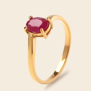 Ruby Ring, Natural Ruby Solitaire Ring in 18k Gold Plated 925 Sterling Silver, Oval Red Gemstone Ring, Dainty July Birthstone Promise Ring
