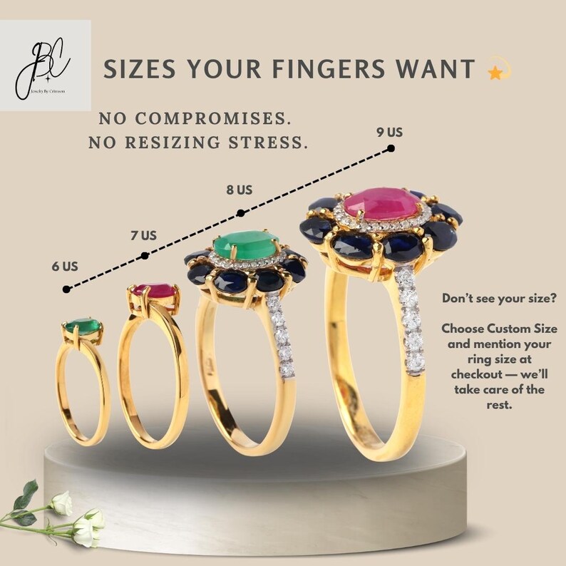 May include: Four gold rings with different colored gemstones are displayed on a pedestal. The rings are sized from 6 US to 9 US. The text on the image says "SIZES YOUR FINGERS WANT" and "NO COMPROMISES. NO RESIZING STRESS."