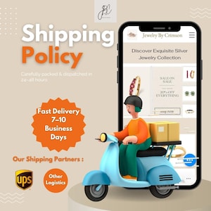 Puede incluir: Una ilustraci&oacute;n que promociona una joyer&iacute;a. Un smartphone muestra el sitio web de la tienda, con un scooter que entrega un paquete. El texto incluye "Shipping Policy", "Fast Delivery" y "Jewelry By Crimson".
