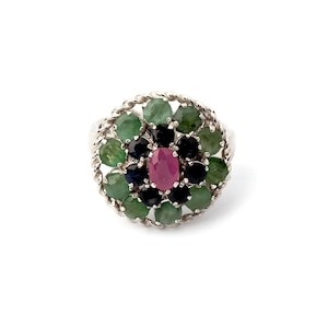 Ruby ring in sterling silver with emerald and sapphire gemstone ring design