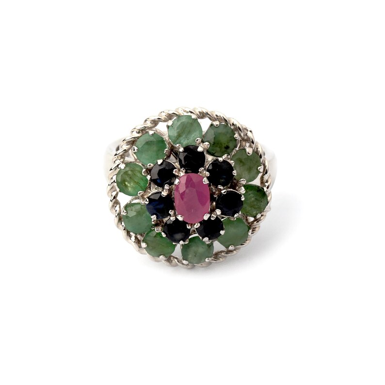 Ruby ring in sterling silver with emerald and sapphire gemstone ring design