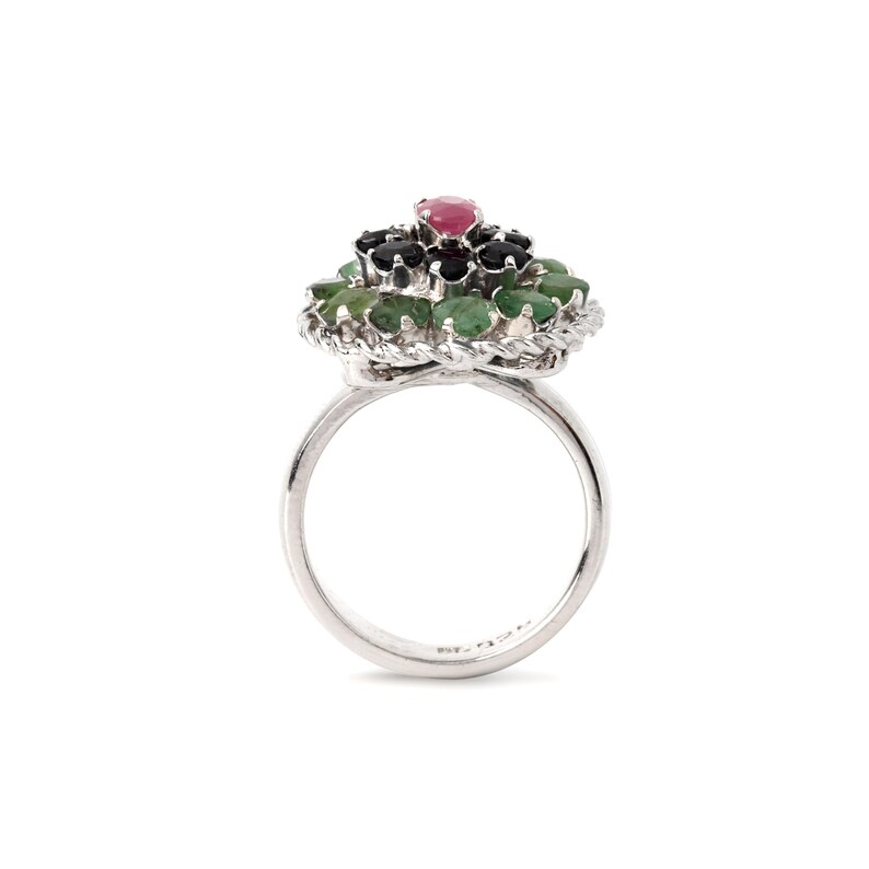 Sterling silver ring with colorful gemstone ring flower design