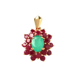 Emerald & Ruby Pendant, 925 Sterling Silver, Handmade in Thailand, Christmas Gift for Her