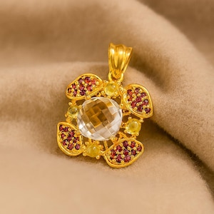 Citrine Floral Pendant: Gold-Polished Silver, Ruby & Green Accents
