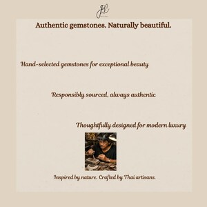May include: Cream-colored graphic with text: "Authentic gemstones. Naturally beautiful." and "Hand-selected gemstones for exceptional beauty." Also, "Responsibly sourced, always authentic." and "Thoughtfully designed for modern luxury." The image includes a photo of a person working on gemstones, with the text "Inspired by nature. Crafted by Thai artisans."