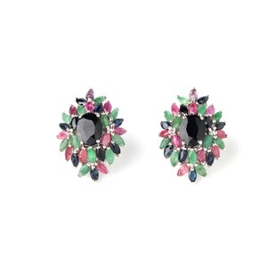 Sapphire Emerald Ruby Earrings | Sterling Silver Floral Cluster Earrings Gift for Her