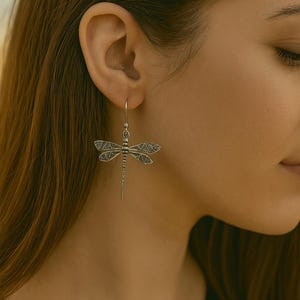 Könnte beinhalten: Silberne Libellenohrringe. Die Ohrringe zeigen ein detailliertes Libellen-Design mit durchbrochenen Flügeln und einem schlanken Körper. Die Ohrringe sind an einem einfachen Haken befestigt.